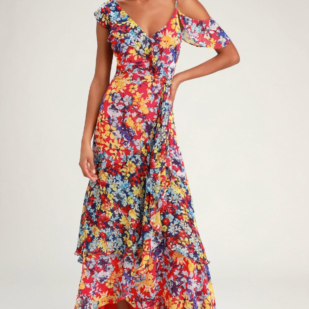 Radiant Ruby Red Floral Print Chiffon Maxi Dress